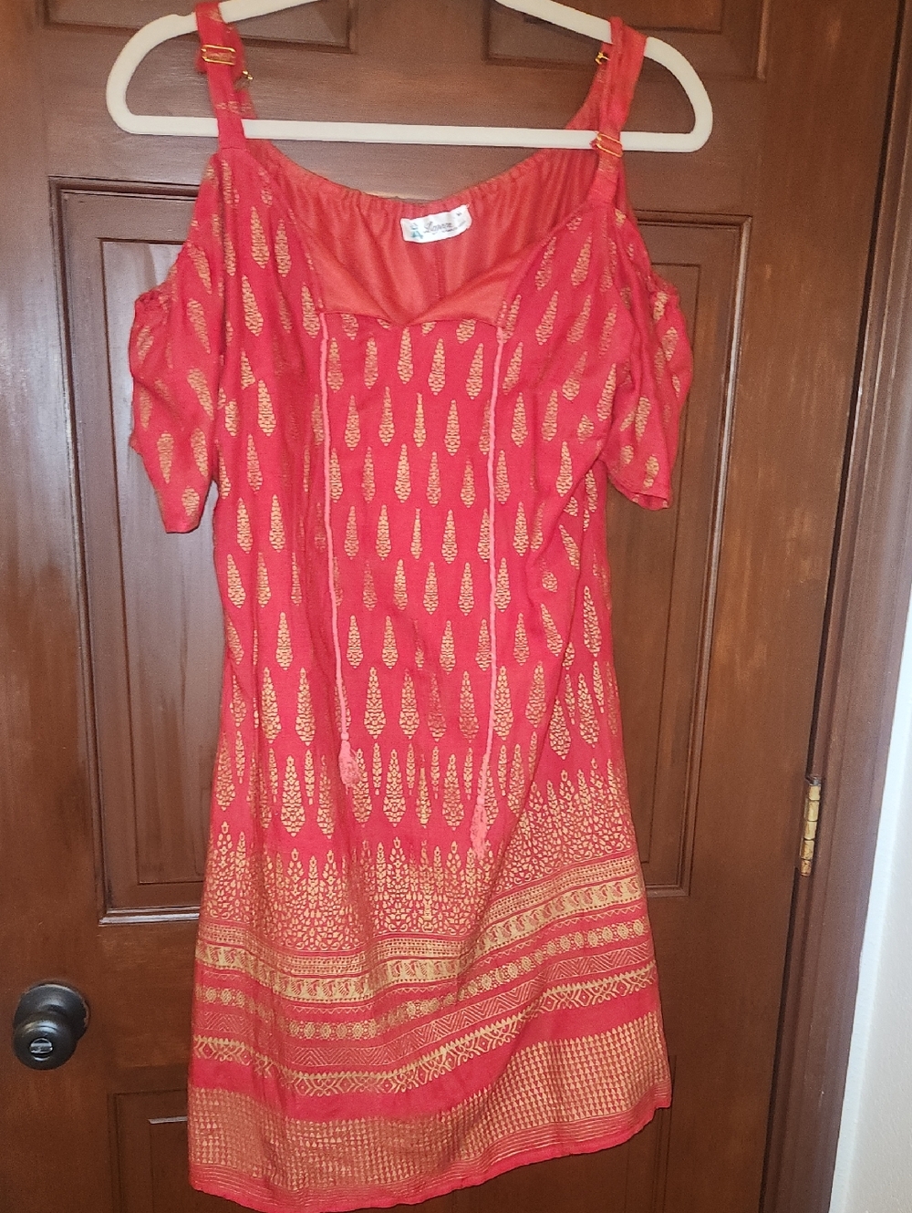 LAPOGEE Red Gold Printed Cold-Shoulder Dress